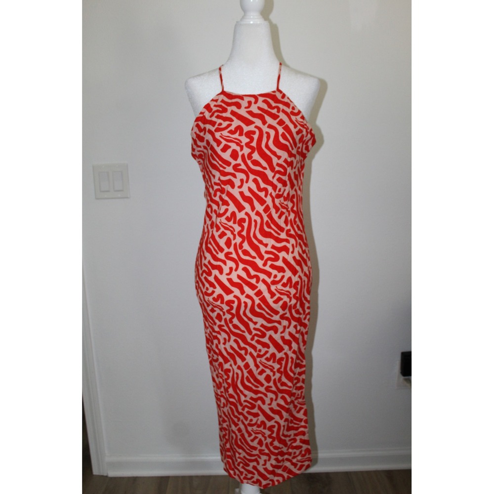 Band of the Free Red Pink Abstract Swirl Cowl Back Midi Slip Dress Womens S NWT